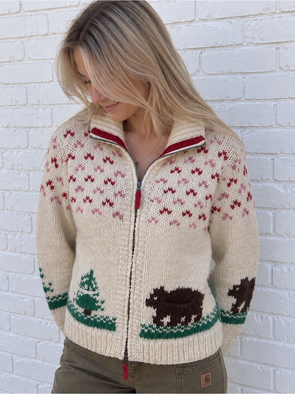American Eagle Vintage Cowichan Style Wool Zip Graphic Knit Sweater size small